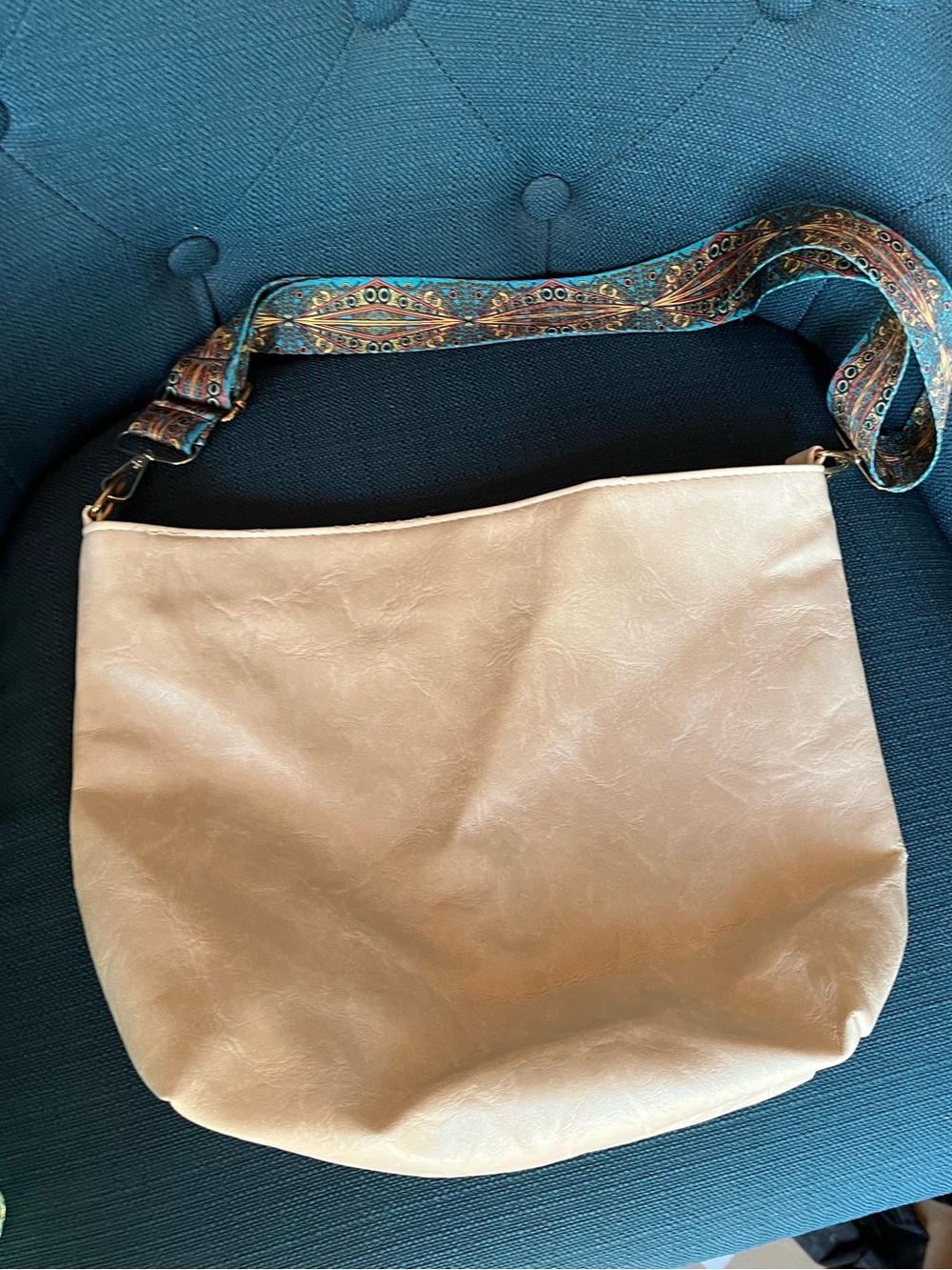 Neutral Cream Hobo Bag with Patterned Adjustable Strap